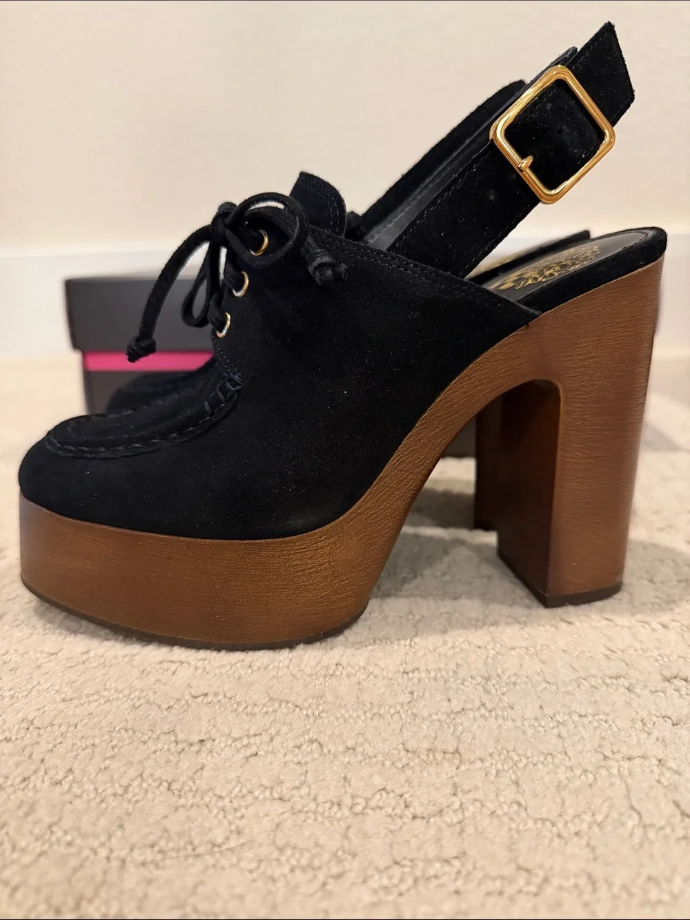 Vince Camuto Black Suede Lace-Up Platform Slingback with Brown Wood-Look Heel